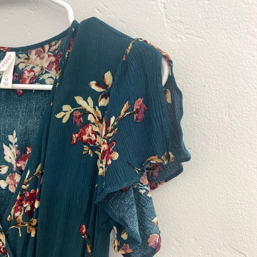 Xhilaration | Teal Floral Maxi Dress Flutter Sleeves Faux Wrap - Picture 2 of 9